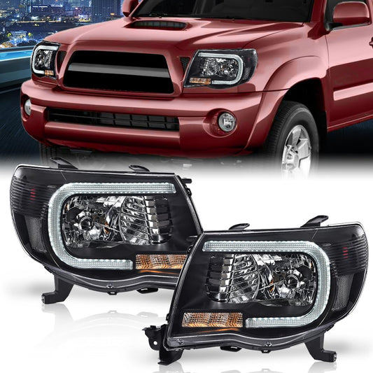 G-PLUS LED DRL Tube Halo Projector Headlights w/o Bulbs, Fit For Toyota Tacoma 2005 2006 2007 2008 2009 2010 2011 Headlamps Clear Lens Black Housing Clear Reflector 8115004163, 8111004163