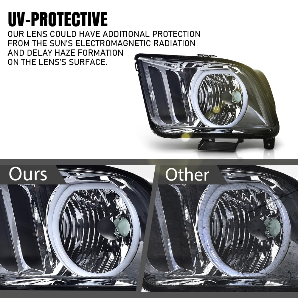 G-PLUS LED DRL Headlights, Compatible with Ford Mustang 2005-2009/Not Fit Factory Xenon HID Model Bumper Headlamp, Smoky lens Chrome Housing Amber Reflector Left & Right