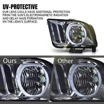 G-PLUS LED Headlights Assembly Compatible with Ford Mustang 2005-2009 7R3Z13008D, 7R3Z13008C Bumper Headlamps Left & Right Smoky Lens Chrome Housing Amber Reflector faros delanteros