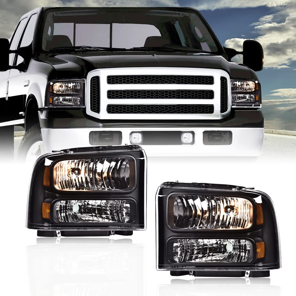 G-PLUS Headlights Assembly, Fit Ford F250 F350 F450 F550 Super Duty 1999-2004/Fit Ford Excursion 2000-2004 Bumper Headlamps, Clear Lens Black Housing Amber Reflector,faros delanteros