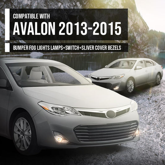 G-PLUS Front Bumper Fog Lights w/Switch + Sliver Cover Bezels Compatible with Toyota Avalon 2013 2014 2015 Left & Right Clear Lens Chrome Housing, 812200W040, 8122008020, 812100W050