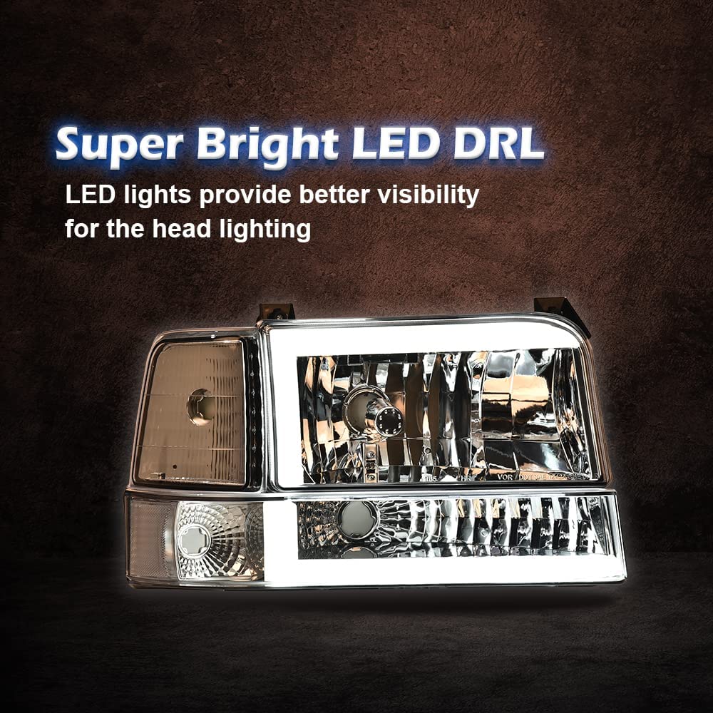 G-PLUS LED DRL Headlights, Compatible with 1992-1996 Ford Bronco F150 F250 F350(Fits Models with Halogen Headlights Only) Bumper Headlamp, Smoky lens Black Housing Clear Reflector