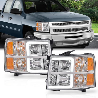 G-PLUS LED Headlights Assembly,Compatible with Chevy Silverado 1500 2007-2013/Fit 2007-2014 Chevy Silverado 2500 3500 & HD Bumper Corner Headlamp W/o Bulbs Clear Lens Chrome Housing Amber Reflector