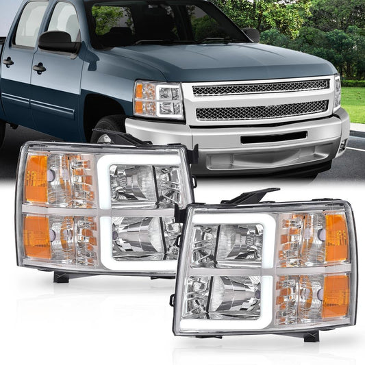 G-PLUS LED Headlights Assembly,Compatible with Chevy Silverado 1500 2007-2013/Fit 2007-2014 Chevy Silverado 2500 3500 & HD Bumper Corner Headlamp W/o Bulbs Clear Lens Chrome Housing Amber Reflector