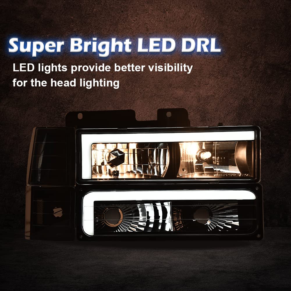 G-PLUS LED DRL headlights, Compatible with 1994 1995 1996 1997 1998 1999 2000 GMC C10 C/K C1500 bumper Headlamp, Clear lens Black Housing Clear Reflector