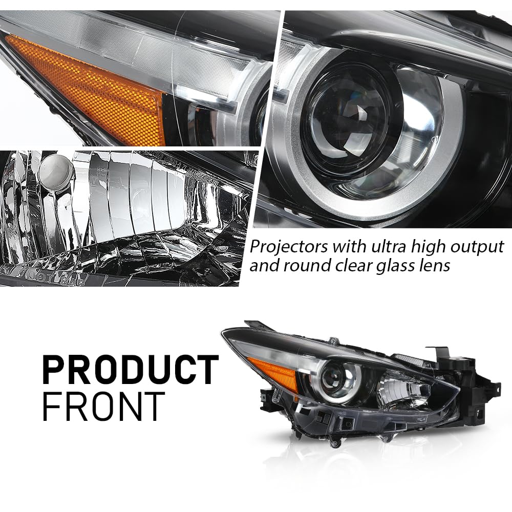 G-PLUS Projector Headlights Assembly Compatible with Mazda 3 2017-2018 4-Door Sedan & Hatchback,Bumper Headlamps,faros delanteros Clear Lens Black Housing Amber Reflector Left & Right