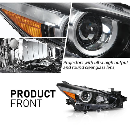 G-PLUS Projector Headlights Assembly Compatible with Mazda 3 2017-2018 4-Door Sedan & Hatchback,Bumper Headlamps,faros delanteros Clear Lens Black Housing Amber Reflector Left & Right