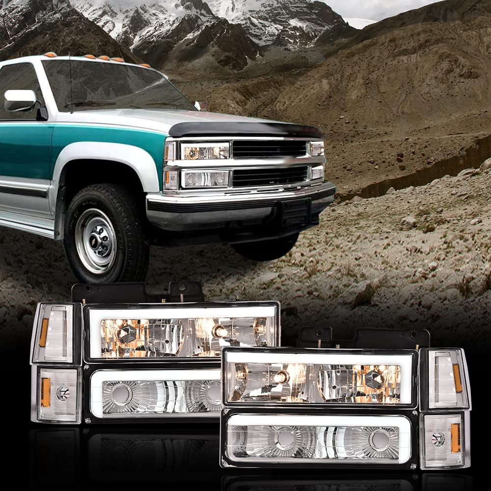 G-PLUS LED DRL headlights, Compatible with 1994 1995 1996 1997 1998 1999 GMC C1500 K1500 Yukon bumper Headlamp, Clear lens Chrome Housing Amber Reflector