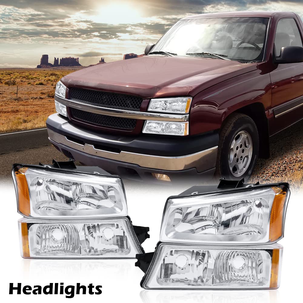 G-PLUS Headlights Assembly Compatible with Chevy Avalanche/Silverado 1500 2500 HD 3500 2003-2006,Clear Lens Chrome Housing Amber ReflectorBumper Headlamps,faros delanteros