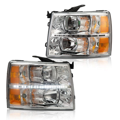 G-PLUS LED DRL Headlights, Compatible with Chevy Silverado 1500 2007-2013/Fit 2007-2014 Chevy Silverado 2500 3500 & HD Bumper Headlamps, Clear Lens Chrome Housing Amber Reflector,faros delanteros