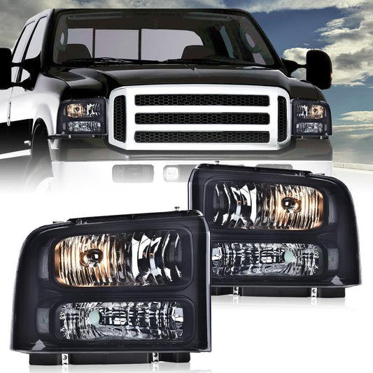G-PLUS Headlights Fit Ford F250 F350 F450 F550 Super Duty 1999-2004,Not Fit w/Factory Sealed Beam Headlights,Smoky Lens Black Housing Clear ReflectorBumper Headlamps,faros delanteros