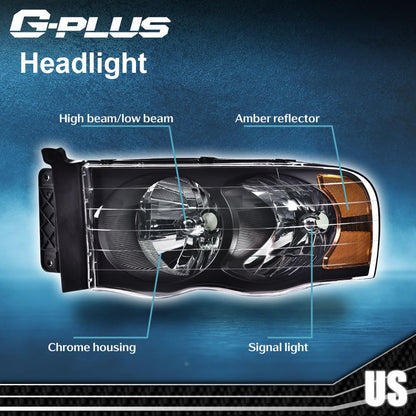 G-PLUS Headlights Assembly Compatible with Dodge Ram 1500 2500 3500 2002-2005 Bumper Headlamp, Clear lens Black Housing Amber Reflector