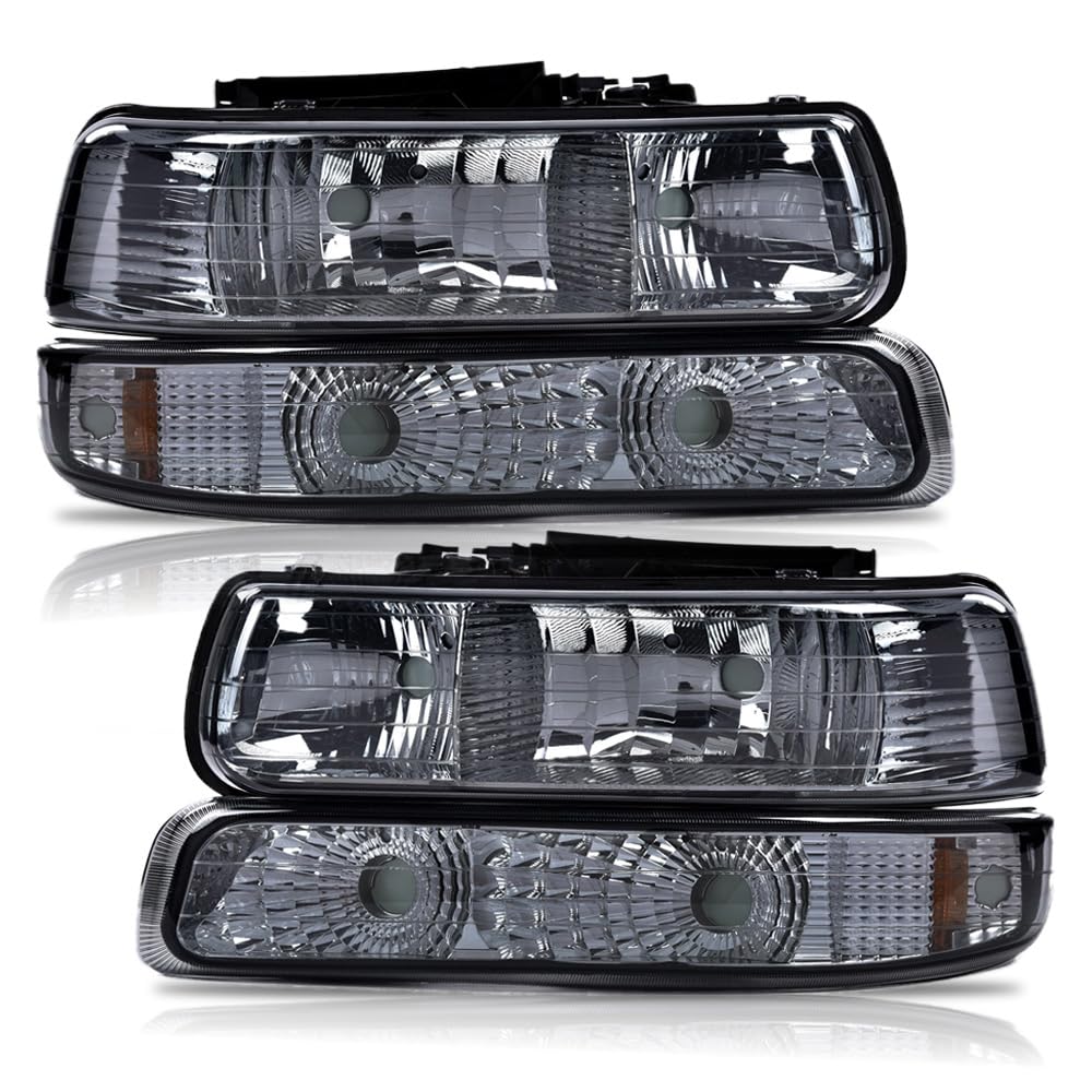 G-PLUS Headlights Assembly, Compatible with 1999-2002 Chevy Silverado/ 2000-2006 Suburban Tahoe Bumper Headlamps, Smoky Lens Chrome Housing Amber Reflector
