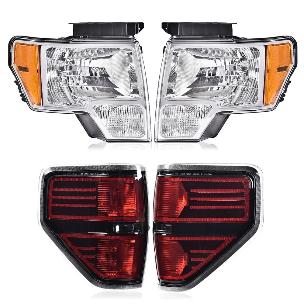 G-PLUS Headlights Assembly & Rear Tail Lights Compatible with 2009-2014 Ford F150 Not Fit LED Style DL3Z13008EB, DL3Z13008EC Bumper Headlamps & Tail Lamps Black