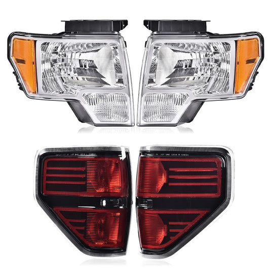G-PLUS Headlights Assembly & Rear Tail Lights Compatible with 2009-2014 Ford F150 Not Fit LED Style DL3Z13008EB, DL3Z13008EC Bumper Headlamps & Tail Lamps Black