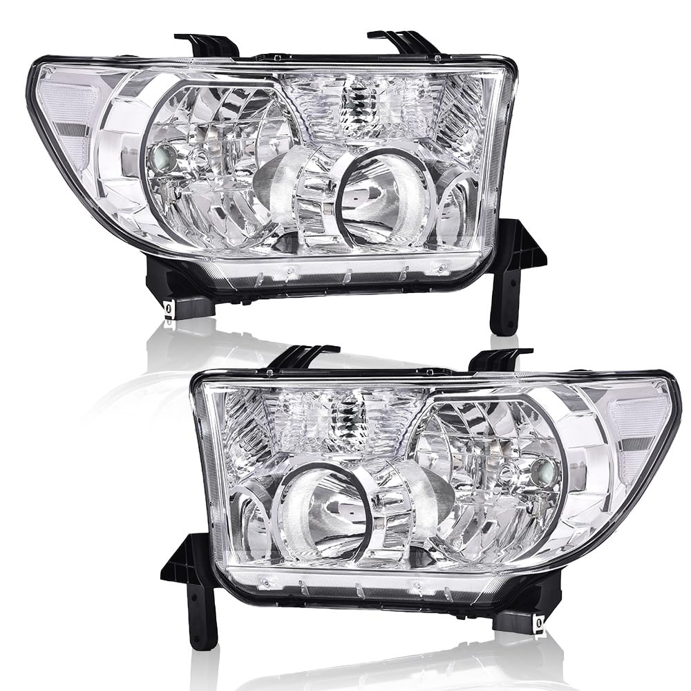 G-PLUS Headlights Compatible with Toyota Tundra 2007-2013/Compatible with Toyota Sequoia 2008-2017 Headlamps Pair Halogen Clear Lens Chrome Housing Clear Reflector,faros delanteros