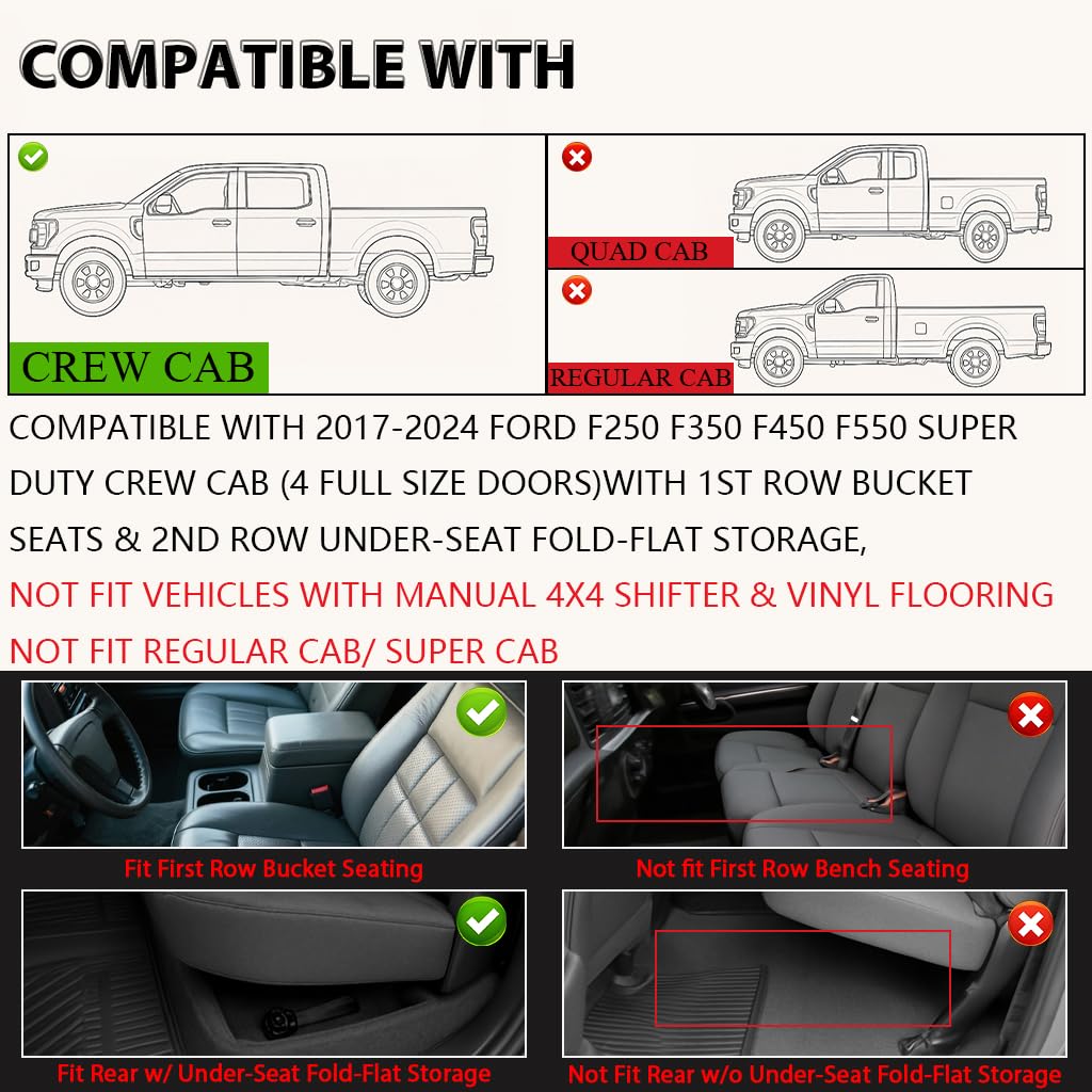 G-PLUS Floor Mats 3PCS,Compatible with Ford F250 F350 F450 F550 Super Duty Crew Cab 2017 2018 2019 2020 2021 2022 2023 2024,TPE All Weather Full Cover Protection 1st & 2nd Row Cargo Liners, Black