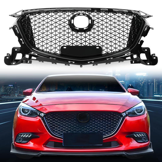 G-PLUS Front Bumper Upper Grille Compatible with Mazda 3 Axela 2017-2018 Honeycomb Mesh Grill ABS Painted Glossy Black