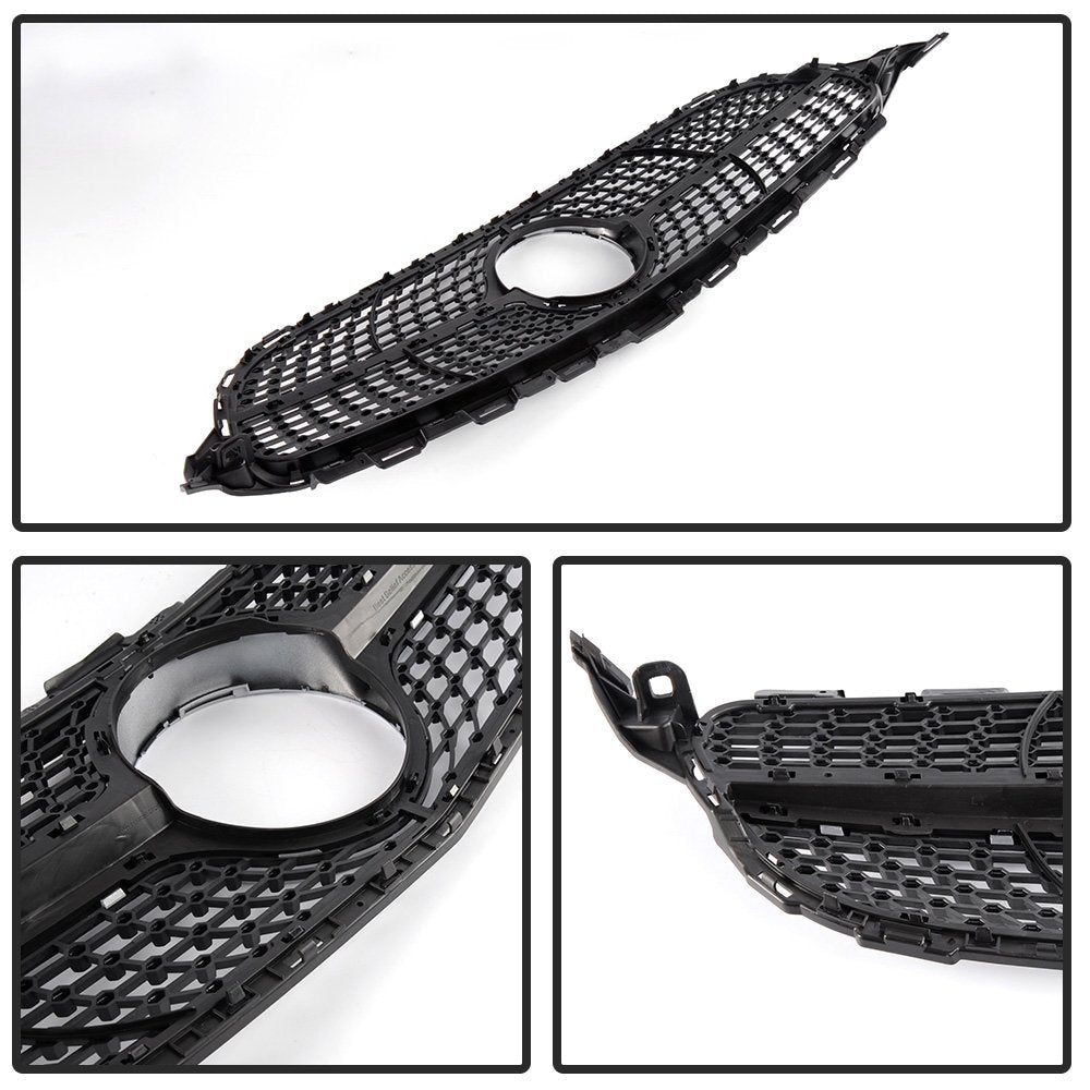 Front Diamond Style Grille Grill Trim Shell Compatible with W205 C Class C250 C300 C400 C450 AMG Sport 2015 2016 2017 2018 Without Camera