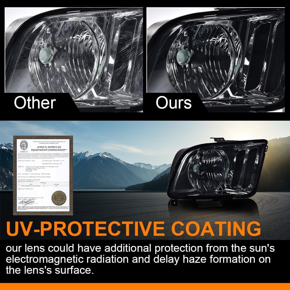 G-PLUS Headlights Assembly Compatible with Ford Mustang 2005-2009 4R3Z13008AA 4R3Z13008AB Bumper Headlamps Left & Right Smoky Lens Chrome Housing Amber Reflector faros delanteros