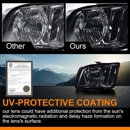 G-PLUS Headlights Assembly Compatible with Ford Mustang 2005-2009 4R3Z13008AA 4R3Z13008AB Bumper Headlamps Left & Right Smoky Lens Chrome Housing Amber Reflector faros delanteros