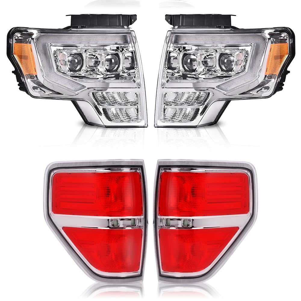 G-PLUS LED Left + Right Side Tube Dual Projector Headlights & Tail Lights Compatible with 2009-2014 Ford F150 (Clear Lens Chrome Housing Headlights + Tail Lights)
