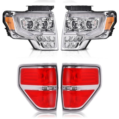 G-PLUS LED Left + Right Side Tube Dual Projector Headlights & Tail Lights Compatible with 2009-2014 Ford F150 (Clear Lens Chrome Housing Headlights + Tail Lights)