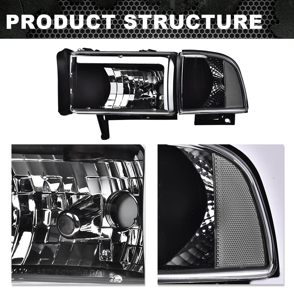 G-PLUS DRL LED Headlights Assembly Fit Dodge Ram 1500 1994-2001,Fit Dodge Ram 2500 3500 1994-2002(Not for Ram Sport) Headlamps w/o Bulbs Clear Lens Black Housing Clear Reflector