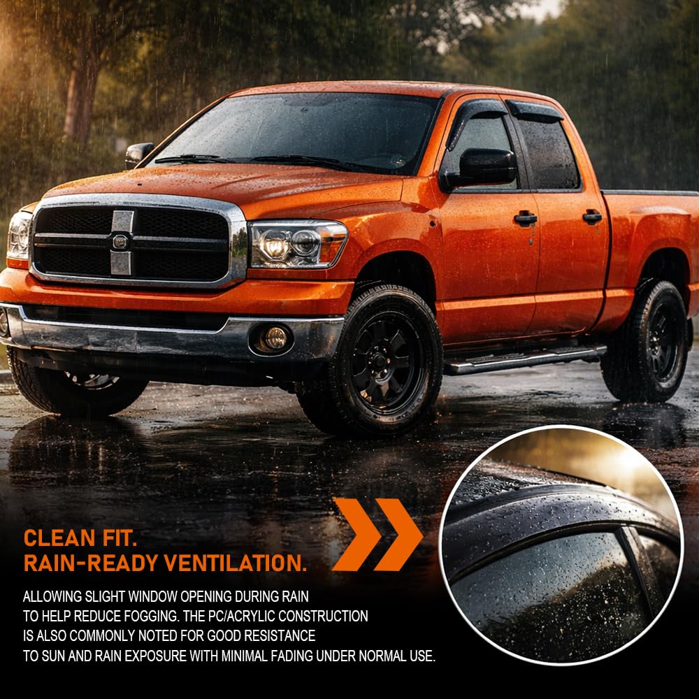G-PLUS in-Channel Side Window Vent Visor Deflectors Rain Guards Fit Dodge Ram 1500 Quad Cab 2009-2018; Fit Dodge Ram 1500 Classic Quad Cab(EXCLUDES 1500 New Body Style) 2019-2024 4 PCS Smoky