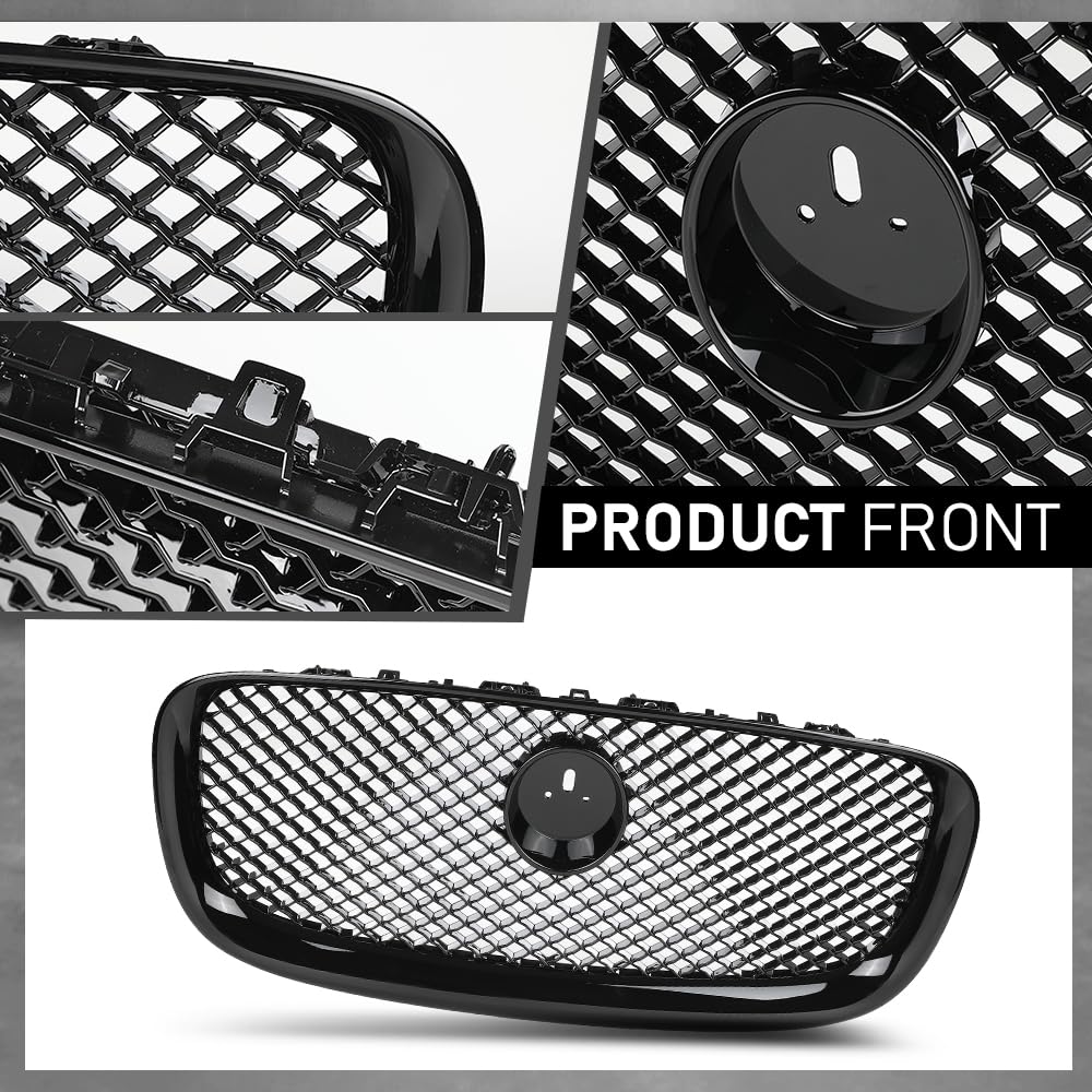 G-PLUS Front Center Upper Mesh Grille W/Emblem Compatible with Jaguar XF XFR 2012-2015 Gloss Black Grill