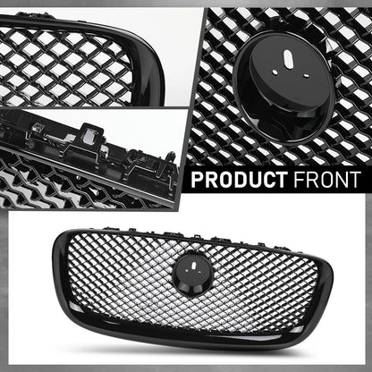 G-PLUS Front Center Upper Mesh Grille W/Emblem Compatible with Jaguar XF XFR 2012-2015 Gloss Black Grill