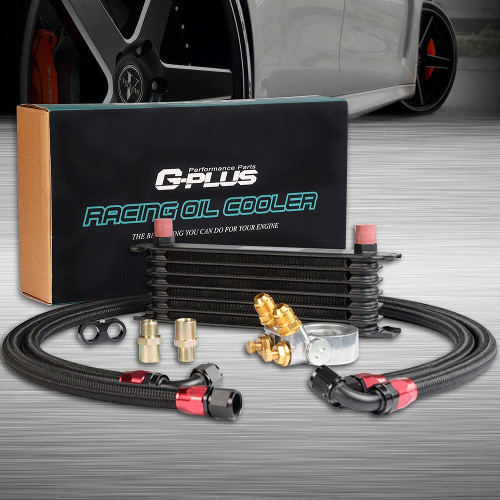 GPLUS 7 ROW Thermostat Adaptor Engine Transmission Oil Cooler Kit Universal Aluminum Oil Cooler For CAR/TRUCK Black