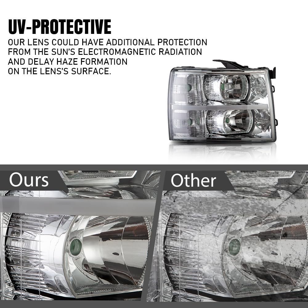 G-PLUS LED DRL Headlights, Fit Chevy Silverado 2500 3500 & HD 2007-2014/Fit Chevy Silverado 1500 2007-2013 Headlamps, Left & Right Clear Lens Chrome Housing Clear Reflector,faros delanteros