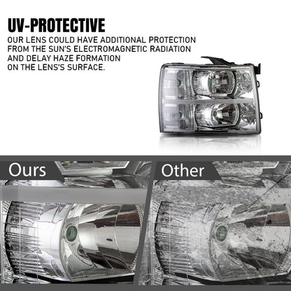 G-PLUS LED DRL Headlights, Fit Chevy Silverado 2500 3500 & HD 2007-2014/Fit Chevy Silverado 1500 2007-2013 Headlamps, Left & Right Clear Lens Chrome Housing Clear Reflector,faros delanteros