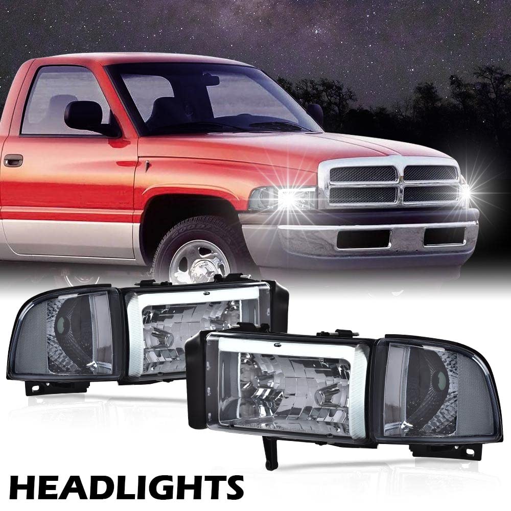 G-PLUS LED Headlights Assembly Fit 1994-2001 Dodge Ram 1500/Fit 1994-2002 Dodge Ram 2500 3500 (Not for Ram Sport),Headlamps w/o Bulbs Smoky Lens Chrome Housing Clear Reflector