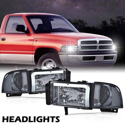 G-PLUS LED Headlights Assembly Fit 1994-2001 Dodge Ram 1500/Fit 1994-2002 Dodge Ram 2500 3500 (Not for Ram Sport),Headlamps w/o Bulbs Smoky Lens Chrome Housing Clear Reflector