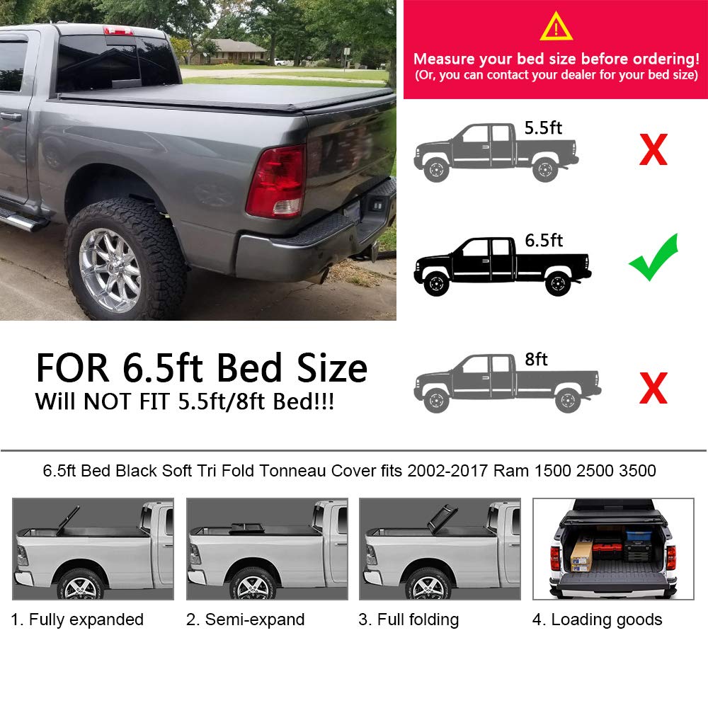 G-PLUS T4 Four-Fold Soft 6.5Ft Truck Tonneau Cover Replacement for 2002-2021Dodge Ram | 78'' Standard Short Bed | for Styleside No Ram Box Models Only