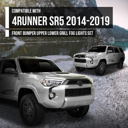 G-PLUS Front Bumper Upper & Lower Grill + Fog Lights Set Compatible with Toyota 4Runner SR5 2014-2019 TO1036148, TO1038173 Black