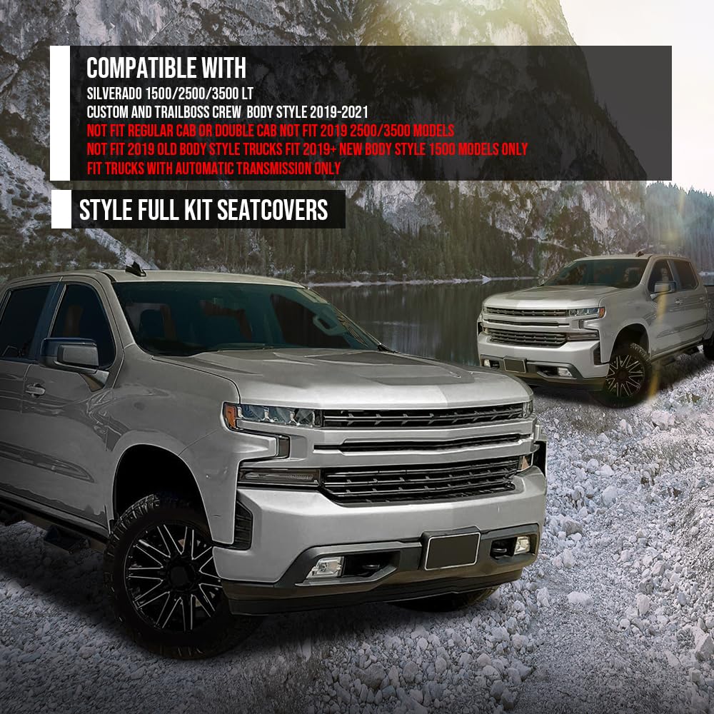 G-PLUS Seat Covers Full Kit Factory Style Compatible with Chevy Silverado 1500/2500/3500 LT, Custom and Trailboss Crew Cab New Body Style 2019 2020 2021 Black