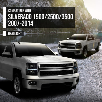 G-PLUS LED DRL Headlights Assembly Fit Chevy Silverado 1500 2007-2013, Fit Chevy Silverado 2500 HD 3500 HD 2007-2014, Left & Right Headlamps Smoky Lens Black Housing Clear Reflector, faros delanteros