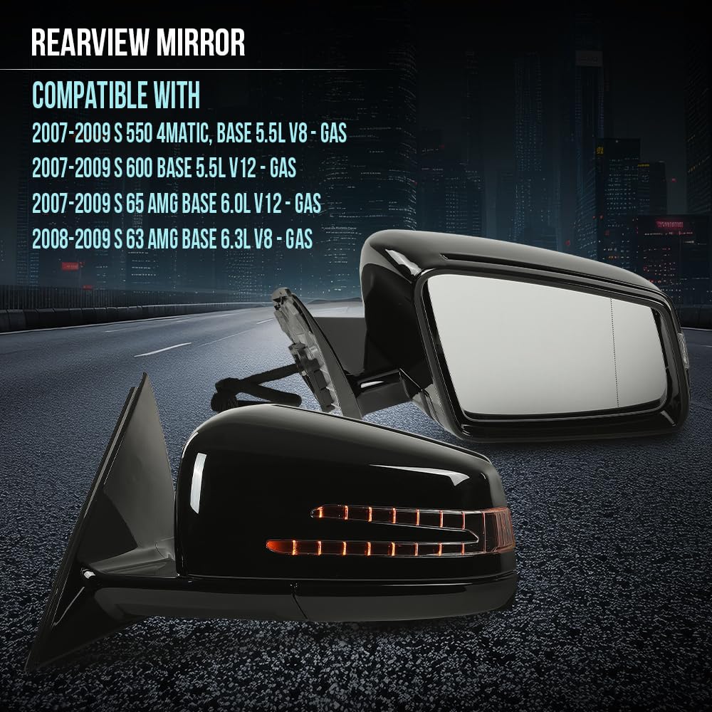 G-PLUS Rear View Mirror w/o Blind Spot Left & Right Side Compatible with Benz S 550 4Matic Base 2007-2009,Fit Benz S 600/S 65 AMG Base 2007-2009 2218100576 2218100676