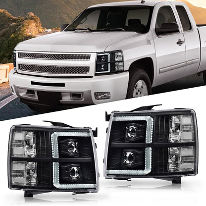 G-PLUS LED Tube Dual Projector Headlights w/Bulbs,Fit Chevy Silverado 1500 2007-2013/Fit Silverado 2500 3500 & HD 2007-2014, Headlamps faros delanteros,Clear Lens Black Housing Clear Reflector