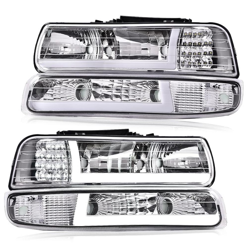G-PLUS LED DRL Headlights Compatible with 1999-2002 Chevy Silverado/2001-2002 Silverado 1500HD 2500HD/00-06 Tahoe Suburban 1500 2500, Bumper Headlamps, 2Pcs Clear (Left+Right)