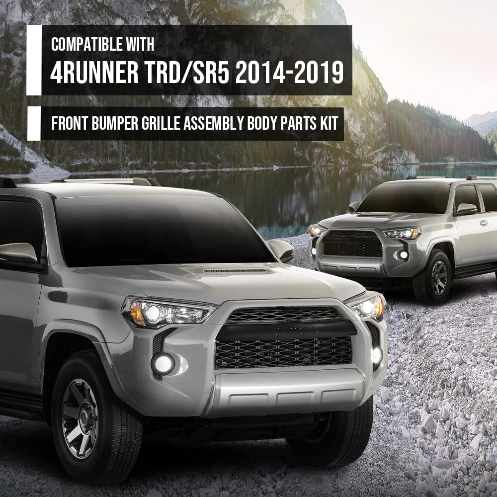 G-PLUS Front Bumper Grille Assembly Body Parts Kit Compatible with Toyota 4Runner TRD / SR5 2014-2019 TO2509104, TO1036148 Black