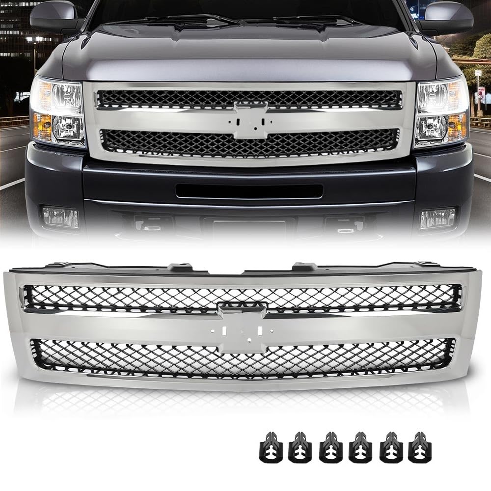 G-PLUS Chrome Truck Grill Compatible with Chevy Silverado 1500 Hybrid 2009-2013/Fit Silverado 1500 XFE 2010-2013/Fit Silverado 1500 LS LT LTZ WT 2007-2013 25810707 19303978 Front Bumper Grille Insert