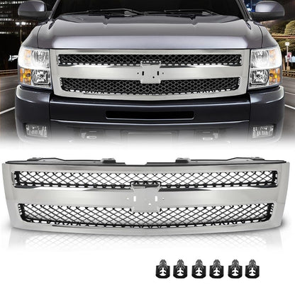G-PLUS Chrome Truck Grill Compatible with Chevy Silverado 1500 Hybrid 2009-2013/Fit Silverado 1500 XFE 2010-2013/Fit Silverado 1500 LS LT LTZ WT 2007-2013 25810707 19303978 Front Bumper Grille Insert