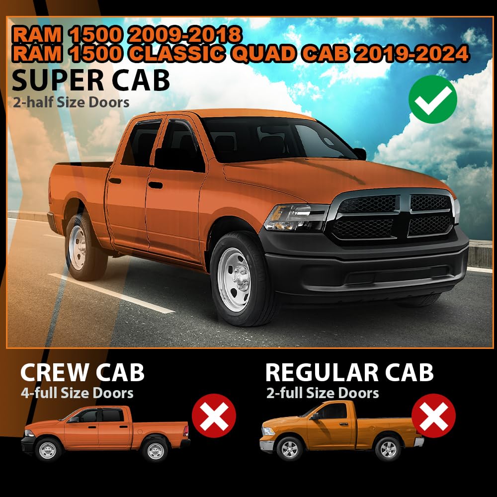 G-PLUS in-Channel Side Window Vent Visor Deflectors Rain Guards Fit Dodge Ram 1500 Quad Cab 2009-2018; Fit Dodge Ram 1500 Classic Quad Cab(EXCLUDES 1500 New Body Style) 2019-2024 4 PCS Smoky
