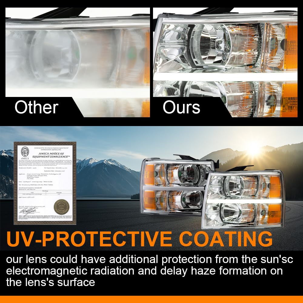 G-PLUS LED DRL Headlights, Fit 2007-2014 Chevy Silverado 2500 3500 & HD Models/Fit 2007-2013 Chevy Silverado 1500 Bumper Headlamps, Clear Lens Chrome Housing Amber Reflector,faros delanteros