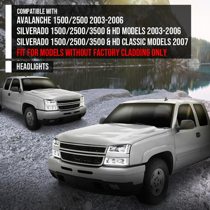 G-PLUS Headlights Assembly Fit Avalanche/Silverado 1500 2500 HD 3500 2003-2006/Fit Silverado 1500 2500 3500 Classic 2007,Smoky Lens Chrome Housing Amber ReflectorBumper Headlamps,faros delanteros