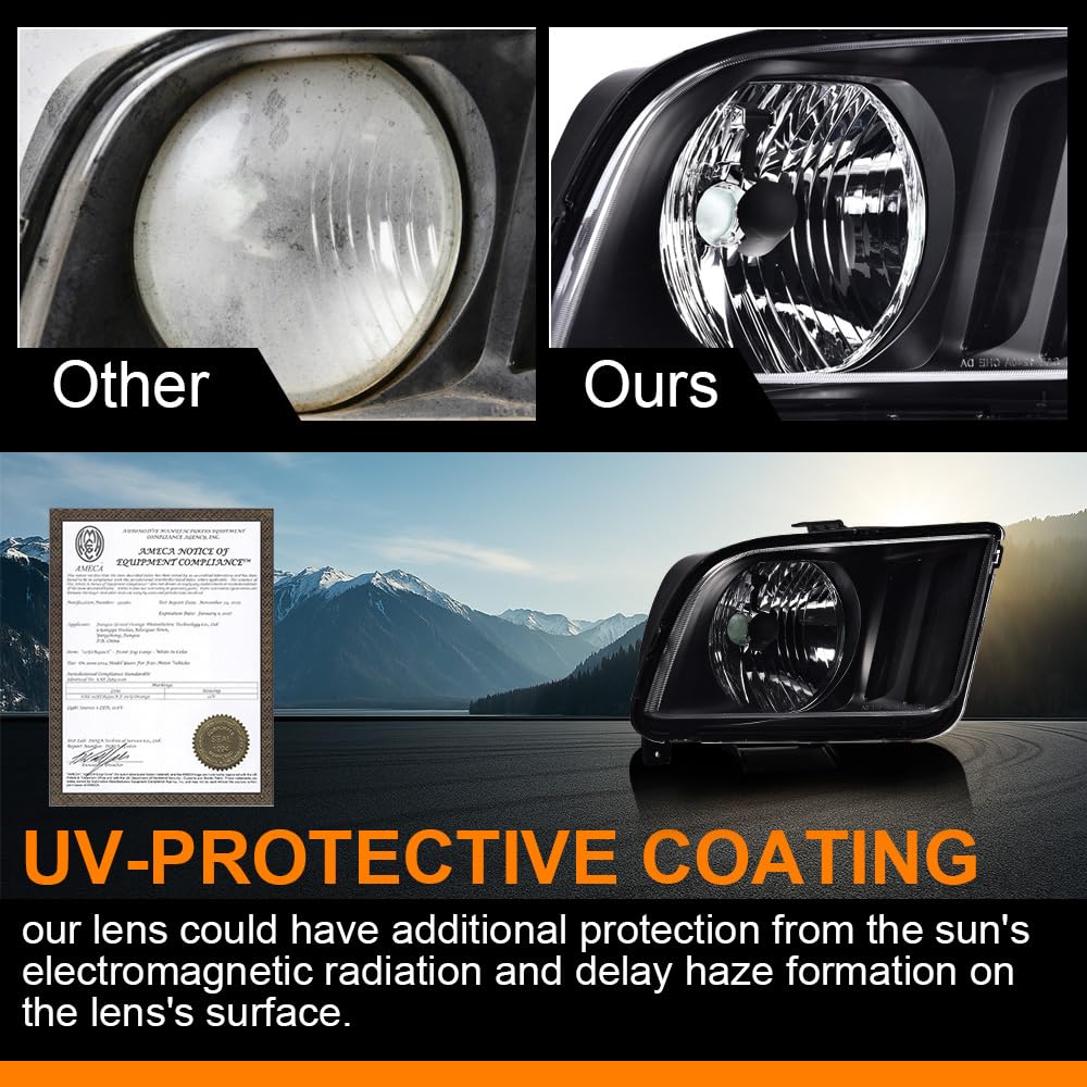 G-PLUS Headlight Compatible with Ford Mustang 2005 2006 2007 2008 2009 Right Bumper Headlamp, Clear Lens Black Housing Amber ReflectorBumper Headlamps,faros delanteros